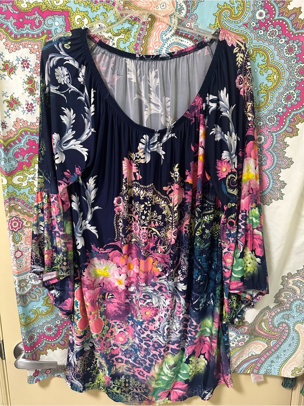 Floral Navy Scoop-Neck Women's Tunic Top